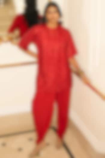 Red Nylon & Viscose Thread Embroidered Co-Ord Set by Dash and Dot at Pernia's Pop Up Shop