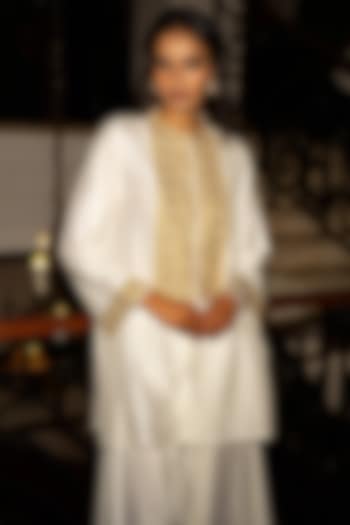 Ivory & Gold Viscose Metallic Embroidered Long Shirt by Dash and Dot at Pernia's Pop Up Shop