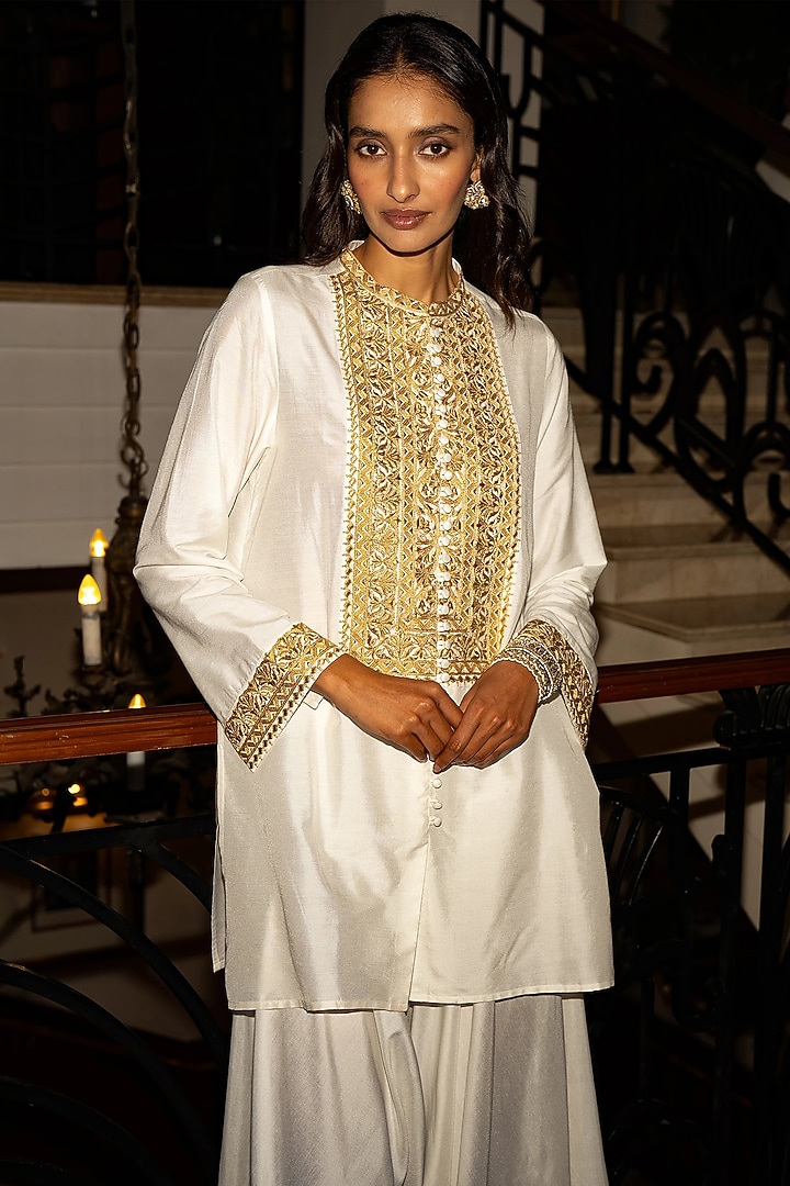Ivory & Gold Viscose Metallic Embroidered Long Shirt by Dash and Dot at Pernia's Pop Up Shop