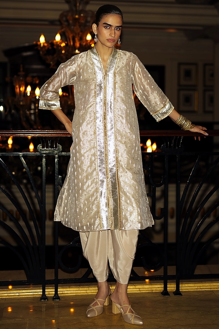 Champagne Gold Banarasi Tissue Gota Embroidered Tunic by Dash and Dot at Pernia's Pop Up Shop