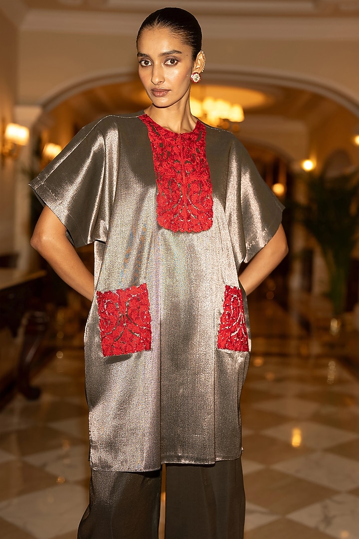 Pewter-Colored Banarasi Tissue Thread Embroidered Top by Dash and Dot at Pernia's Pop Up Shop