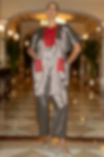 Pewter-Colored Banarasi Tissue Thread Embroidered Co-Ord Set by Dash and Dot at Pernia's Pop Up Shop