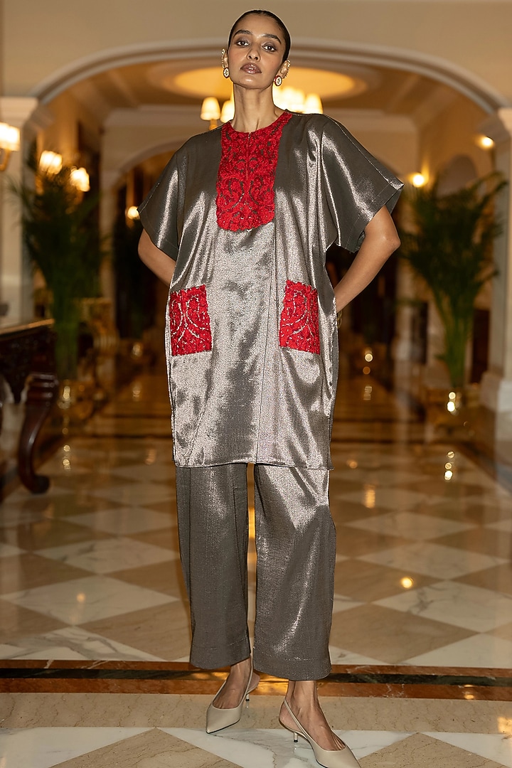 Pewter-Colored Banarasi Tissue Thread Embroidered Co-Ord Set by Dash and Dot at Pernia's Pop Up Shop