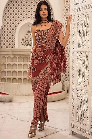 Multi-Colored Organic Viscose Block Printed Draped Skirt Saree Set by dash and dot