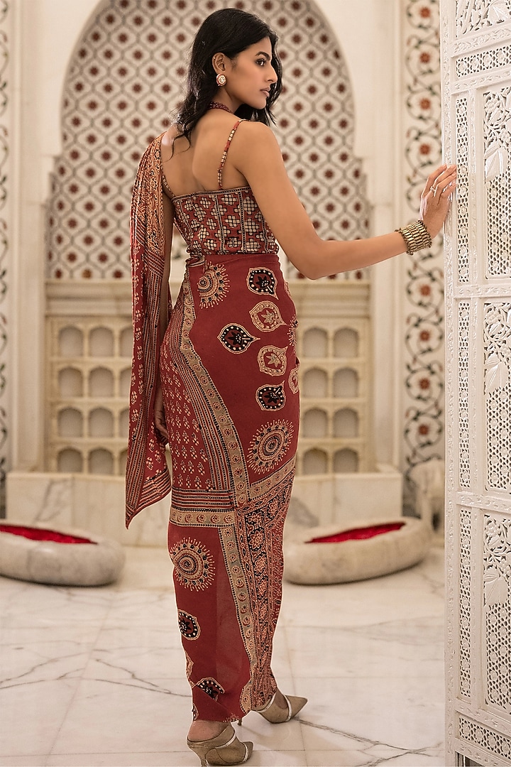 Multi-Colored Organic Viscose Block Printed Draped Skirt Party Wear Saree Set by Dash and Dot at Pernia's Pop Up Shop