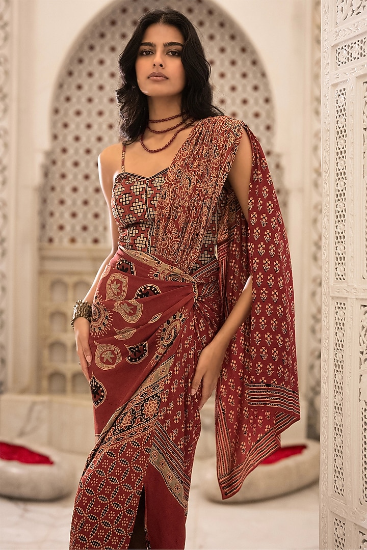 Multi-Colored Organic Viscose Block Printed Draped Skirt Party Wear Saree Set by Dash and Dot at Pernia's Pop Up Shop
