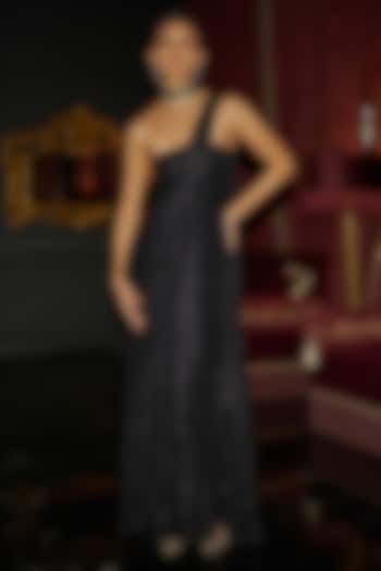 Black Recycled Polyester Off-Shoulder Festive Gown Saree by Dash and Dot at Pernia's Pop Up Shop