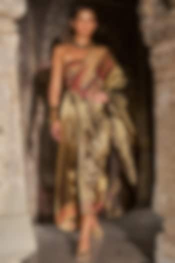 Metallic Gold Banarsi Silk Brocade One-Shoulder Party Wear Gown by Dash and Dot at Pernia's Pop Up Shop