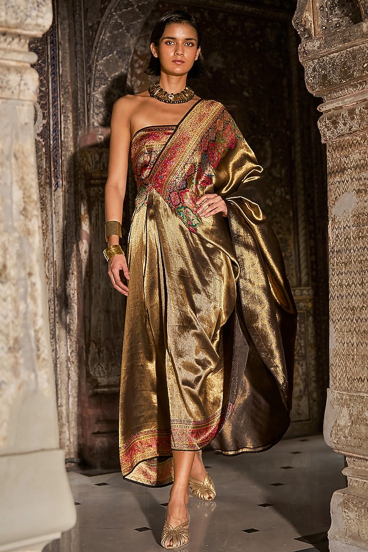 Metallic Gold Banarsi Silk Brocade One-Shoulder Party Wear Gown by Dash and Dot at Pernia's Pop Up Shop