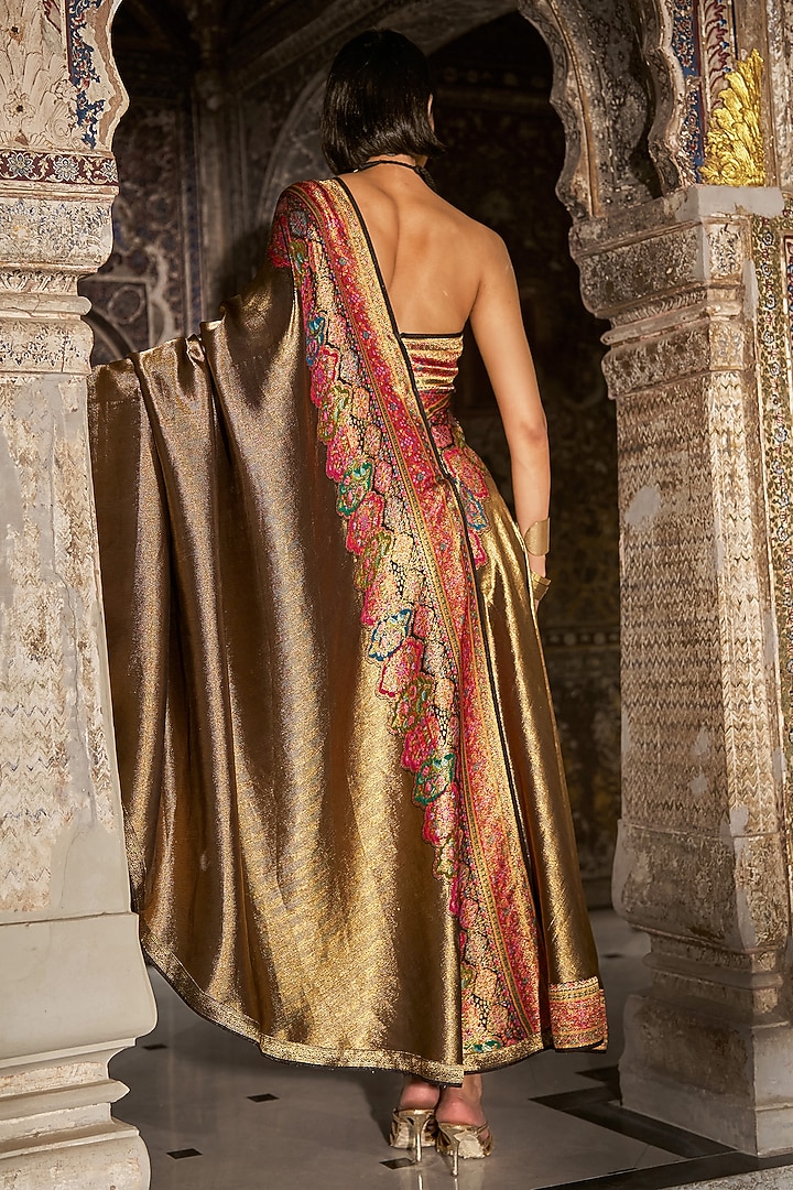 Metallic Gold Banarsi Silk Brocade One-Shoulder Party Wear Gown by Dash and Dot at Pernia's Pop Up Shop
