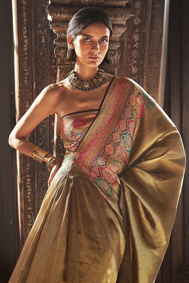 Metallic Gold Banarsi Silk Brocade One-Shoulder Party Wear Gown by Dash and Dot at Pernia's Pop Up Shop