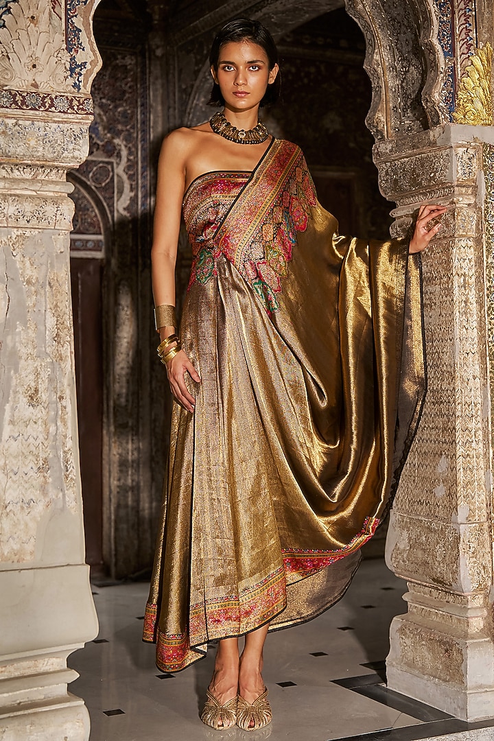 Metallic Gold Banarsi Silk Brocade One-Shoulder Party Wear Gown by Dash and Dot at Pernia's Pop Up Shop