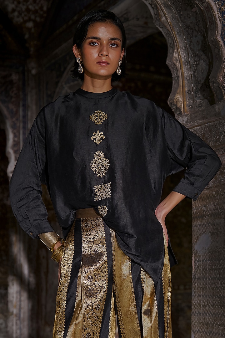 Black Silk Textured Viscose Embroidered Shirt by Dash and Dot at Pernia's Pop Up Shop