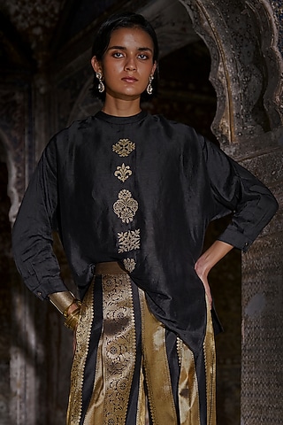 Black Silk Textured Viscose Embroidered Shirt by Dash and Dot