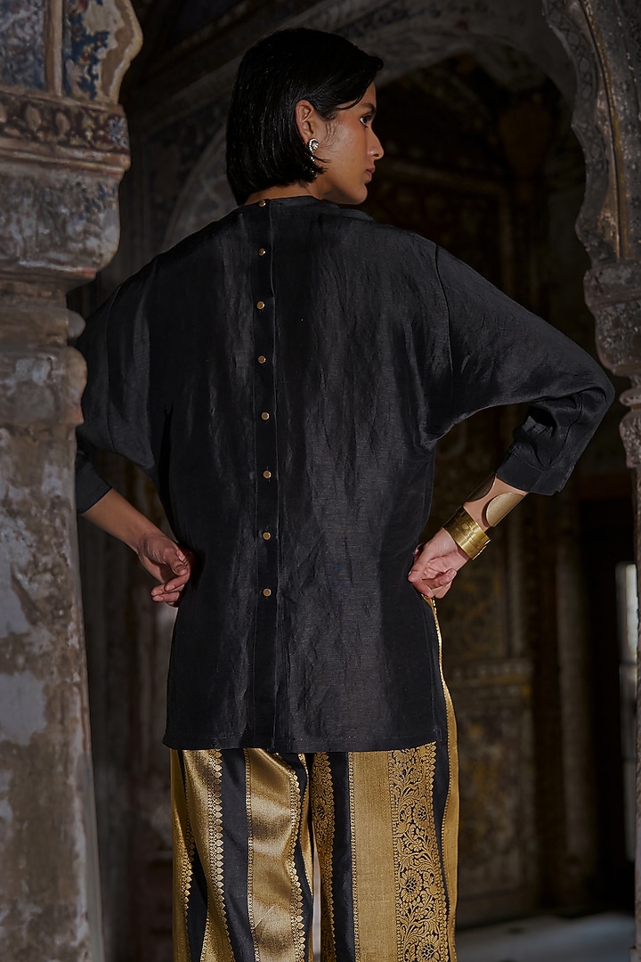 Black Silk Textured Viscose Embroidered Shirt by Dash and Dot at Pernia's Pop Up Shop