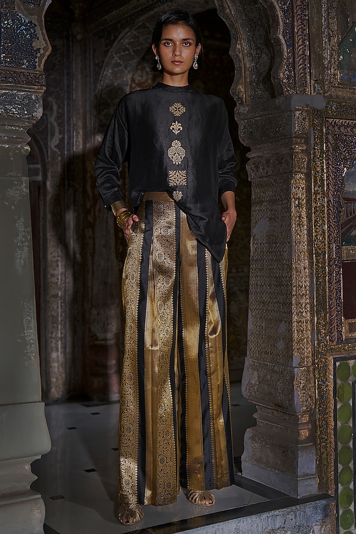 Black Silk Textured Viscose Embroidered Shirt by Dash and Dot at Pernia's Pop Up Shop
