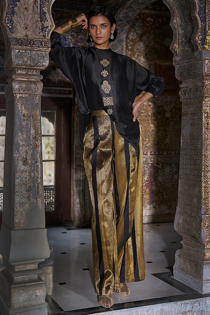 Gold & Black Banarsi Silk Brocade Striped Wide-Legged Pants by Dash and Dot at Pernia's Pop Up Shop