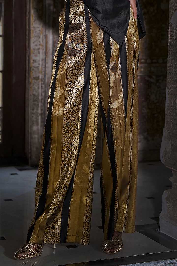 Gold & Black Banarsi Silk Brocade Striped Wide-Legged Pants by Dash and Dot at Pernia's Pop Up Shop