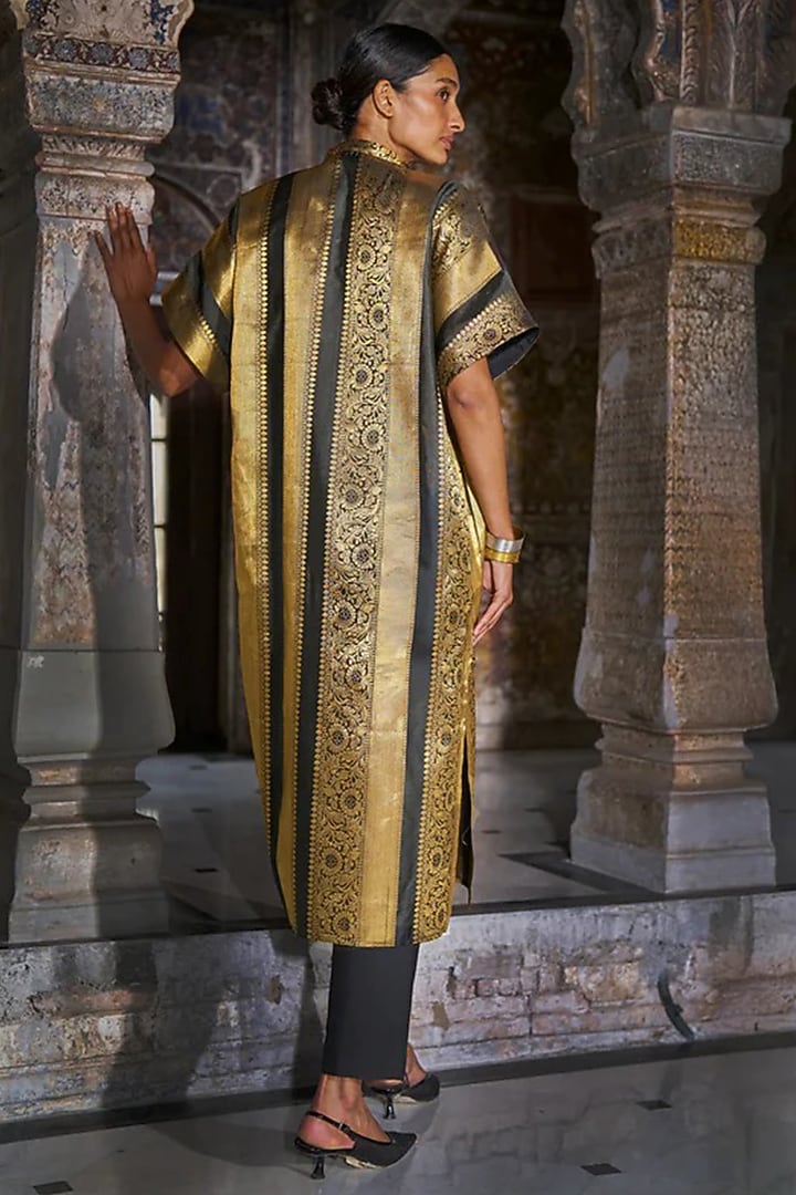 Gold Banarasi Silk Brocade Striped Longline Shirt by Dash and Dot at Pernia's Pop Up Shop