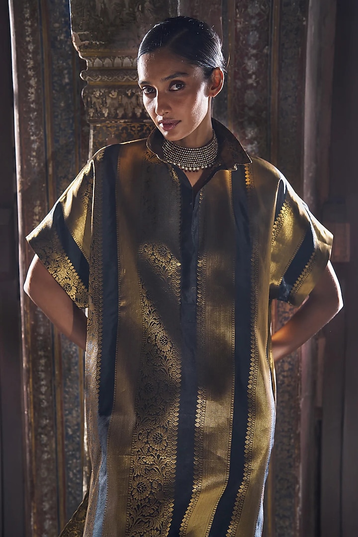 Gold Banarasi Silk Brocade Striped Longline Shirt by Dash and Dot at Pernia's Pop Up Shop