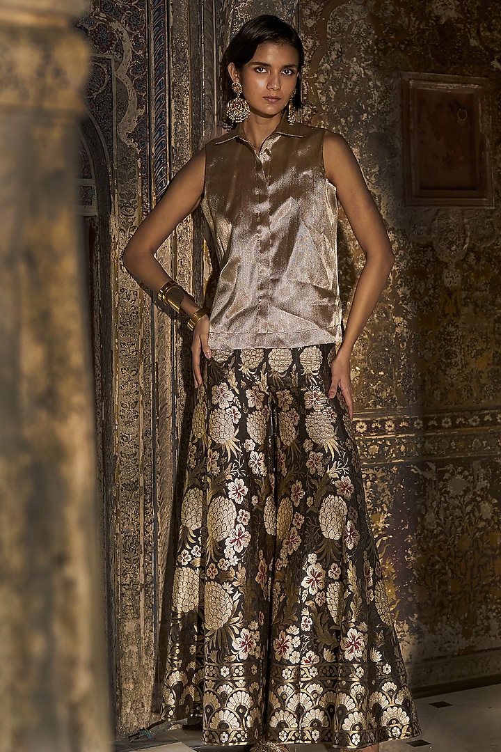 Metallic Beige Banarasi Brocade Sleeveless Shirt by Dash and Dot at Pernia's Pop Up Shop