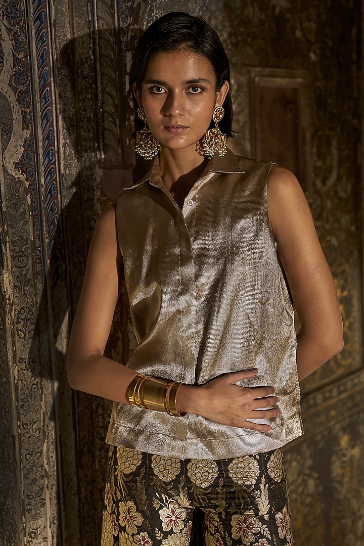 Multi-Colored Banarasi Silk Brocade Wide-Legged Motif Pant Set by Dash and Dot at Pernia's Pop Up Shop
