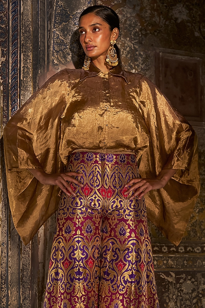 Gold Banarasi Silk Tissue Shirt by Dash and Dot at Pernia's Pop Up Shop