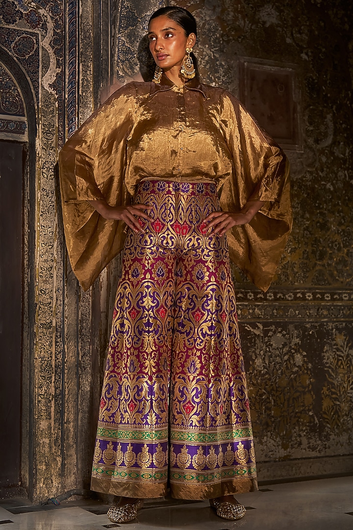 Gold Banarasi Silk Tissue Shirt by Dash and Dot at Pernia's Pop Up Shop
