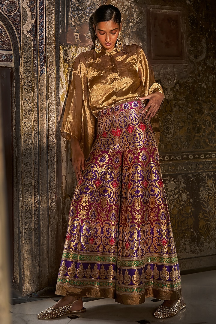 Multi-Colored Banarasi Silk Brocade Wide-Legged Pants by Dash and Dot at Pernia's Pop Up Shop