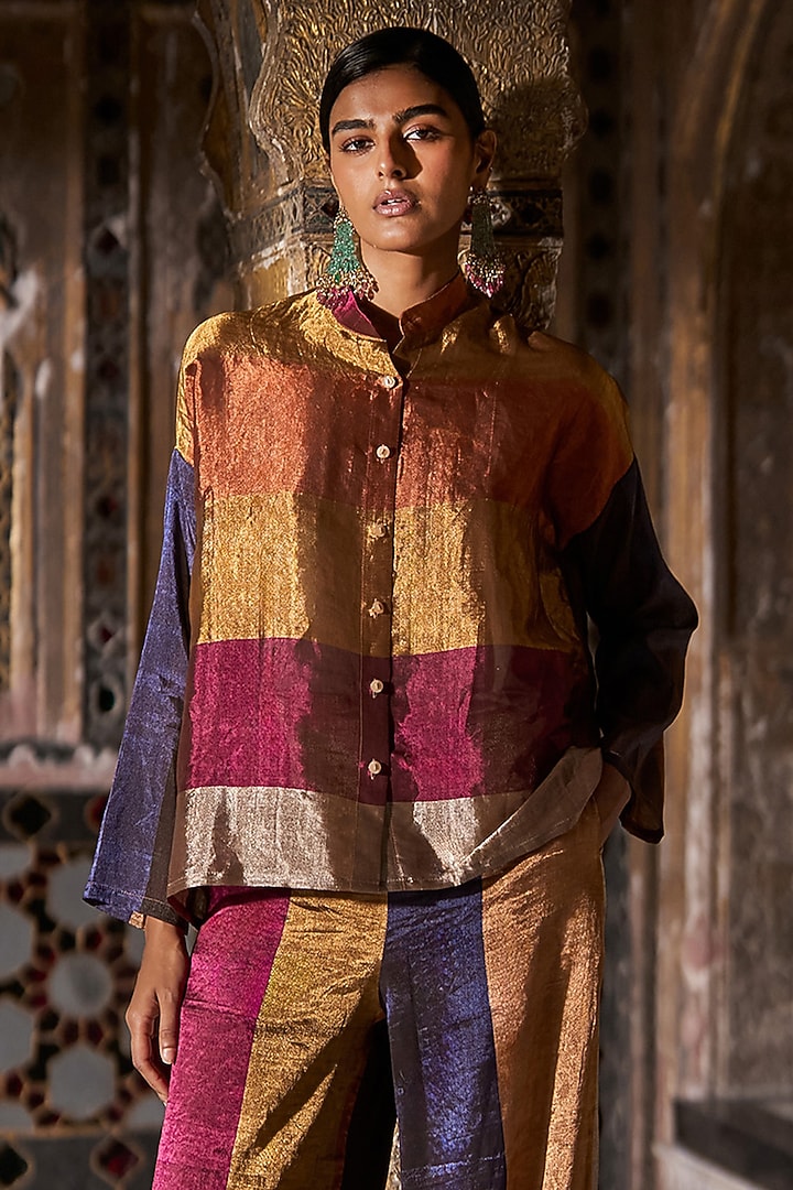 Multi-Colored Banarasi Tissue Striped Shirt by Dash and Dot at Pernia's Pop Up Shop