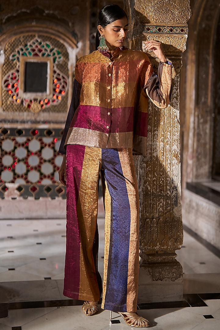 Multi-Colored Banarasi Tissue Striped Pants by Dash and Dot at Pernia's Pop Up Shop