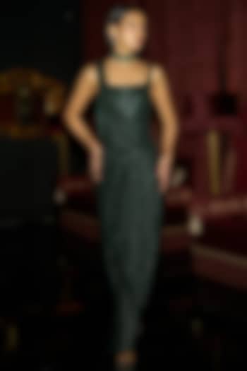 Emerald Green Recycled Polyester Draped Sequins Festive Gown Saree by Dash and Dot at Pernia's Pop Up Shop