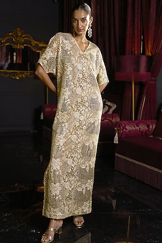 Champagne Recycled Polyester Sequins Embroidered Kaftan by Dash and Dot