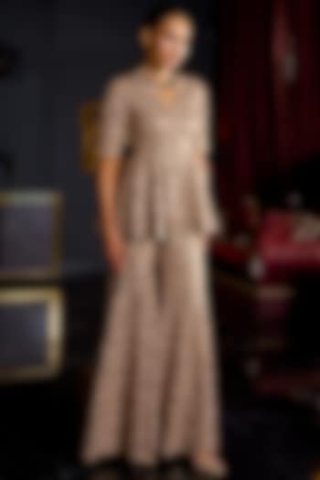 Caramel Colored Recycled Polyester Thread Embroidered Flared Pants by Dash and Dot at Pernia's Pop Up Shop