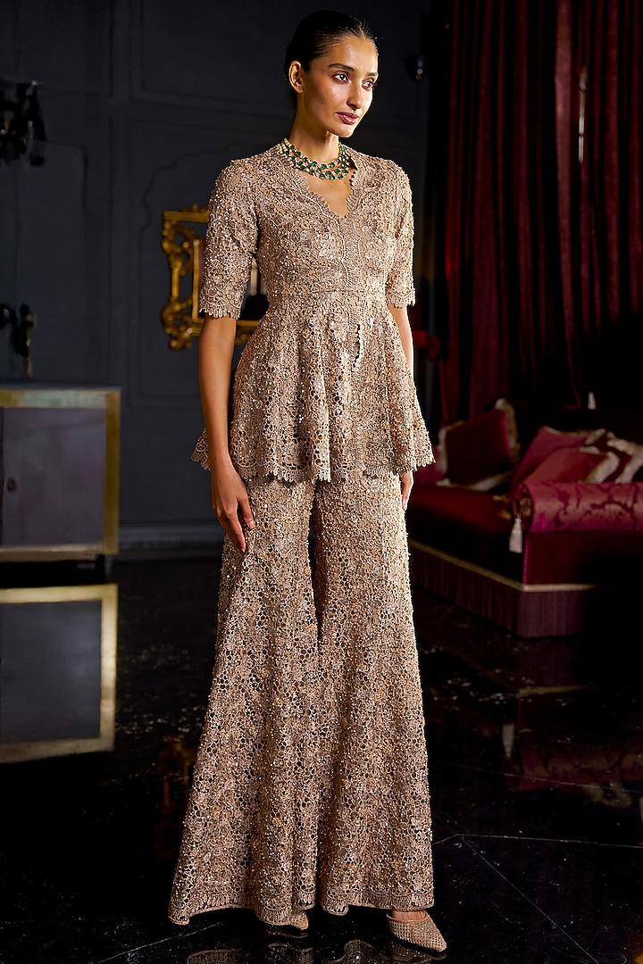 Caramel Colored Recycled Polyester Thread Embroidered Flared Pants by Dash and Dot at Pernia's Pop Up Shop