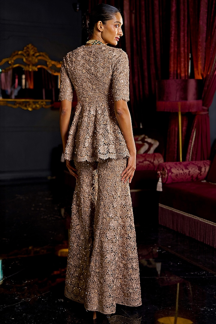 Caramel Colored Recycled Polyester Thread Embroidered Flared Pants by Dash and Dot at Pernia's Pop Up Shop