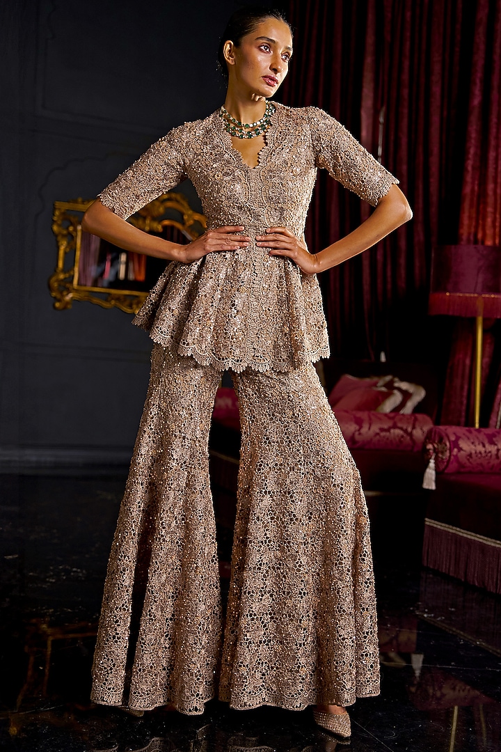 Caramel Colored Recycled Polyester Embroidered Pant Set by Dash and Dot at Pernia's Pop Up Shop