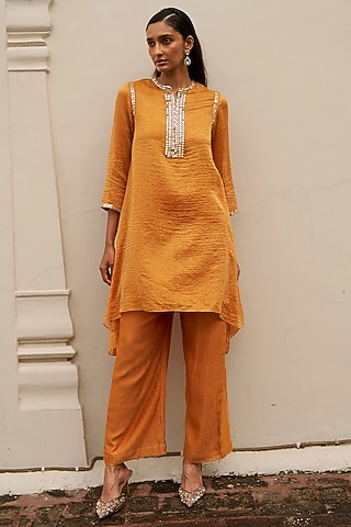 Amber Colored Tissue Mirror Embroidered Top by Dash and Dot