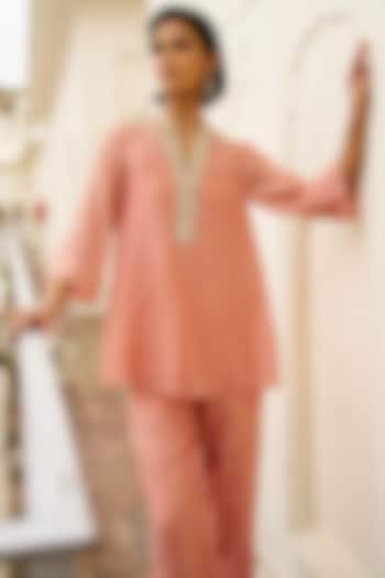 Blush Pink Tissue Mirror Embroidered A-Line Top by Dash and Dot at Pernia's Pop Up Shop