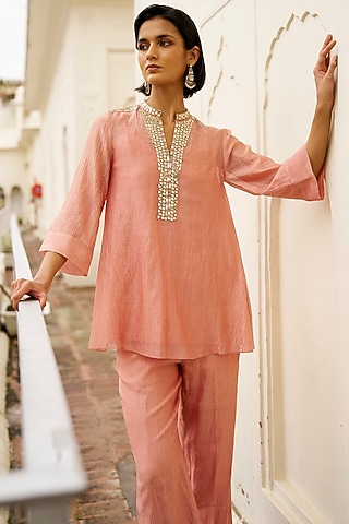 Blush Pink Tissue Mirror Embroidered A-Line Top by Dash and Dot