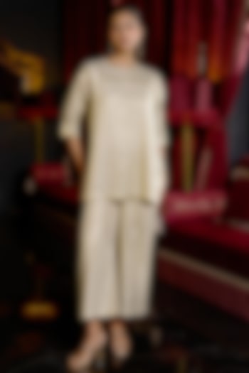 Ivory & Gold Recycled Polyester Metallic Embroidered Straight Pants by Dash and Dot at Pernia's Pop Up Shop