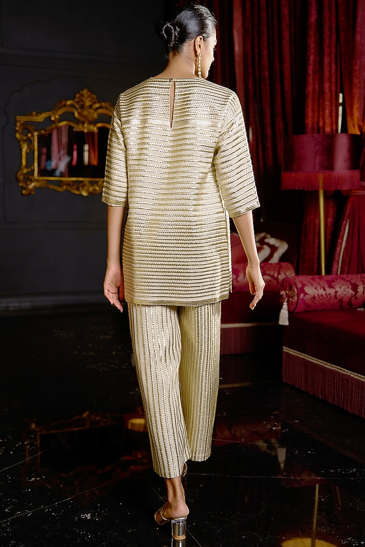 Ivory & Gold Recycled Polyester Metallic Embroidered Straight Pants by Dash and Dot at Pernia's Pop Up Shop