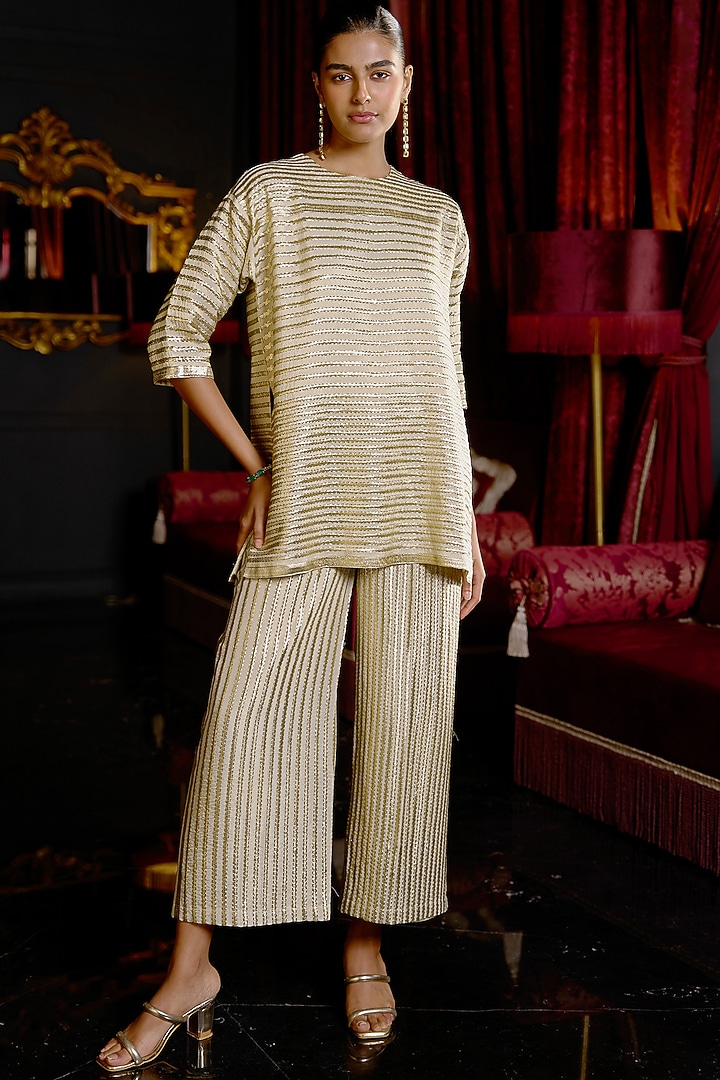 Ivory & Gold Recycled Polyester Metallic Embroidered Co-Ord Set by Dash and Dot at Pernia's Pop Up Shop