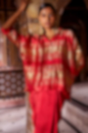 Red & Gold Banarasi Tissue Metallic Striped Shirt by Dash and Dot at Pernia's Pop Up Shop