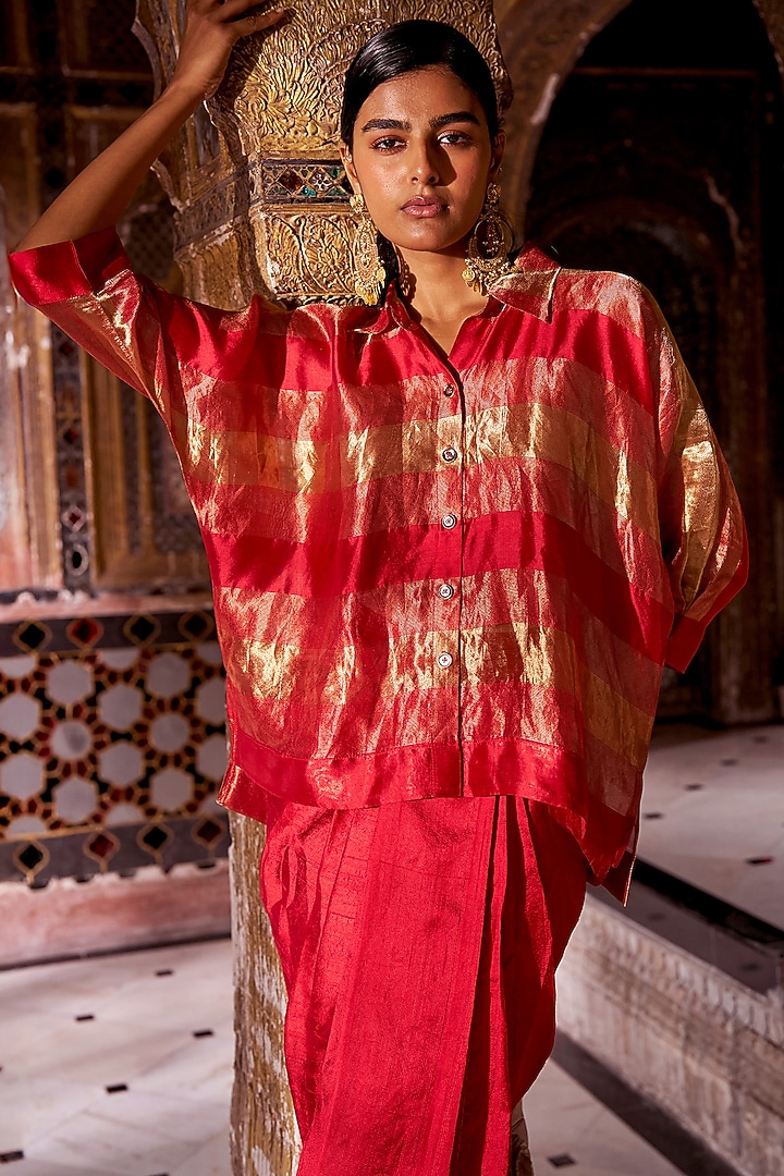 Red & Gold Banarasi Tissue Metallic Striped Shirt by Dash and Dot at Pernia's Pop Up Shop