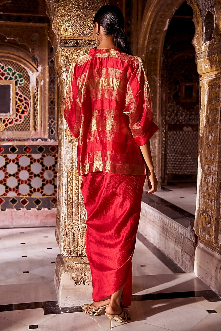 Red & Gold Banarasi Tissue Metallic Striped Shirt by Dash and Dot at Pernia's Pop Up Shop