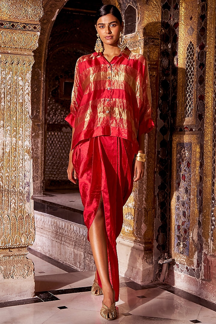 Red & Gold Banarasi Tissue Metallic Striped Shirt by Dash and Dot at Pernia's Pop Up Shop