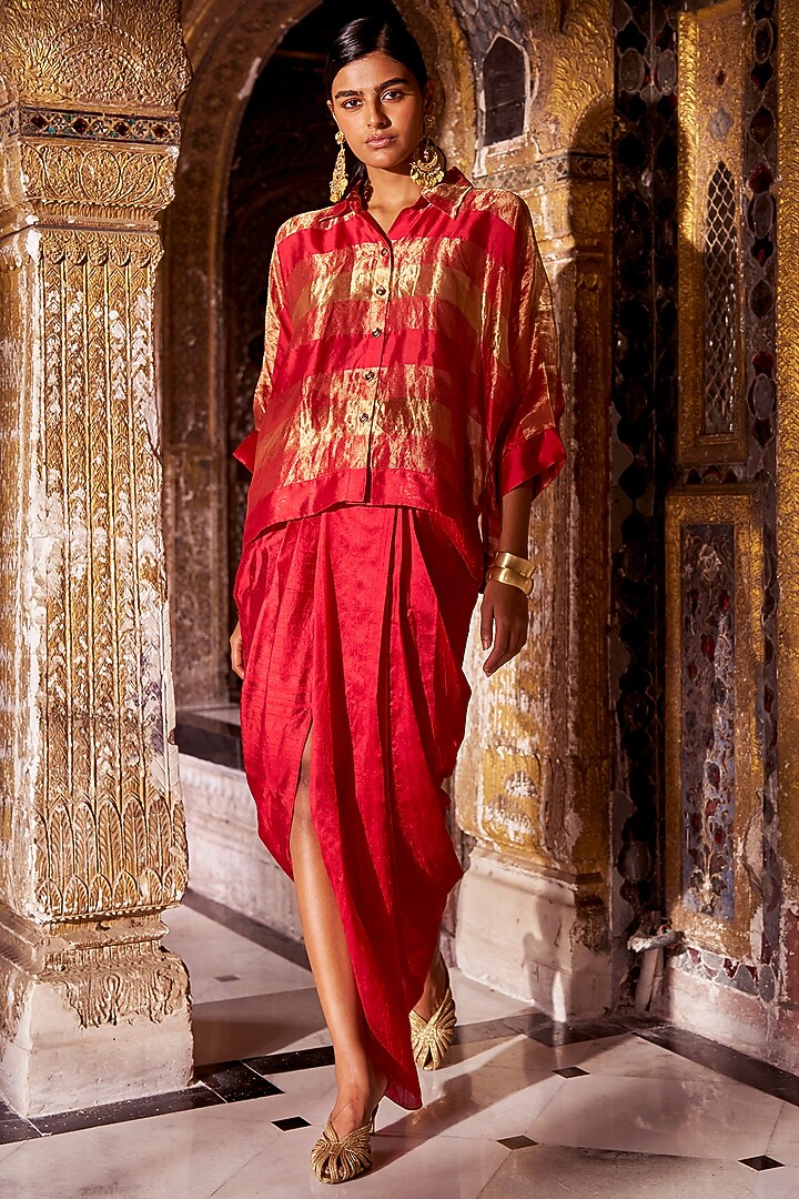 Red & Gold Banarasi Tissue Metallic Striped Shirt by Dash and Dot at Pernia's Pop Up Shop
