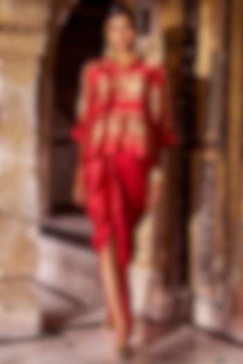 Red & Gold Organic Viscose Asymmetric Draped Skirt by Dash and Dot at Pernia's Pop Up Shop