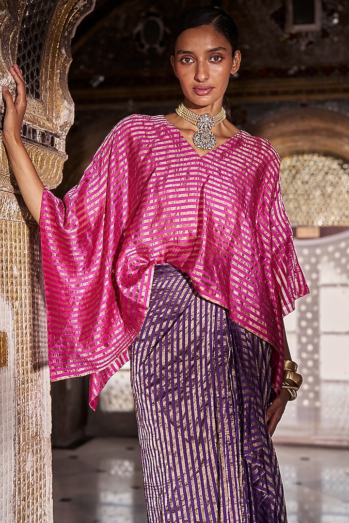 Fuchsia & Gold Banarasi Tissue Striped Kaftan by Dash and Dot at Pernia's Pop Up Shop
